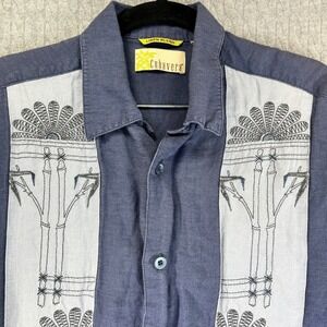 Cubavera Mens Linen Blend‎ Embroidered Camp Shirt Short Sleeve Blue summer beach